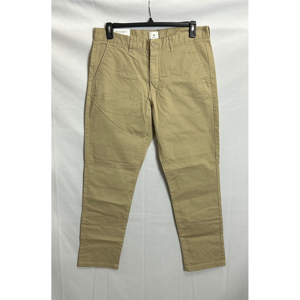 H&M Mens Slim Fit Chino Pants Tan Khaki Cotton Stretch Tapered 34x32 NWT